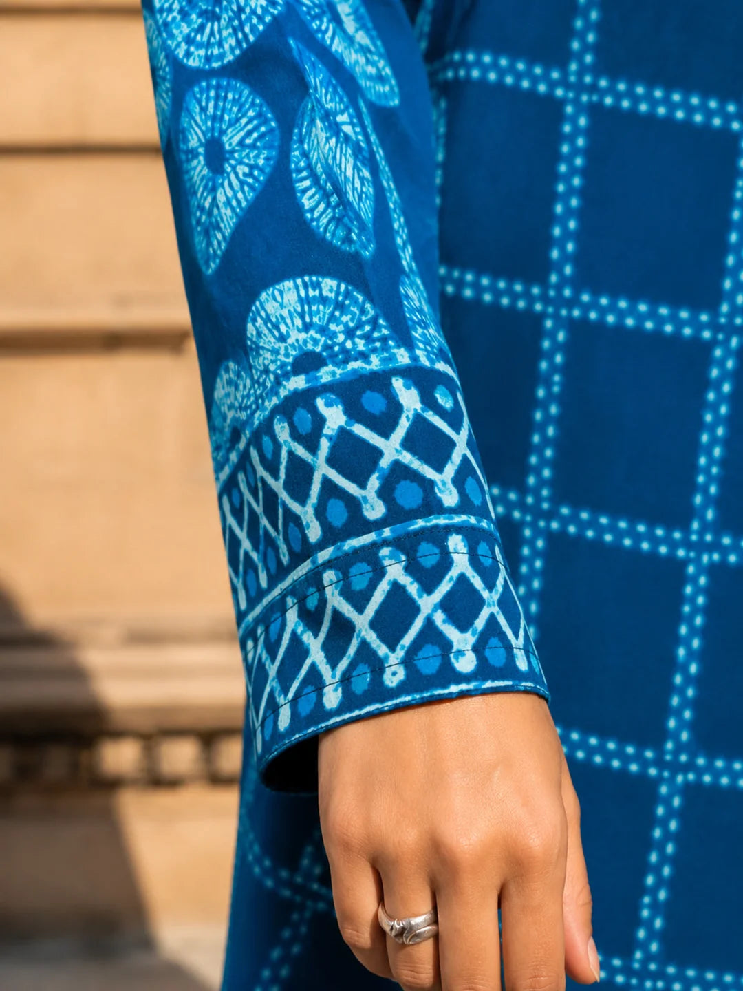 Teal Blue Bandhani Printed Shirt with Wooden Button Fastener in Crepe
