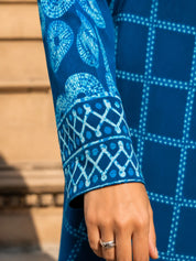 Teal Blue Bandhani Printed Shirt with Wooden Button Fastener in Crepe