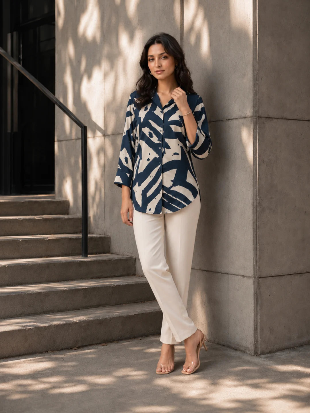 Peacock Blue Abstract Printed Russian Silk Tunic