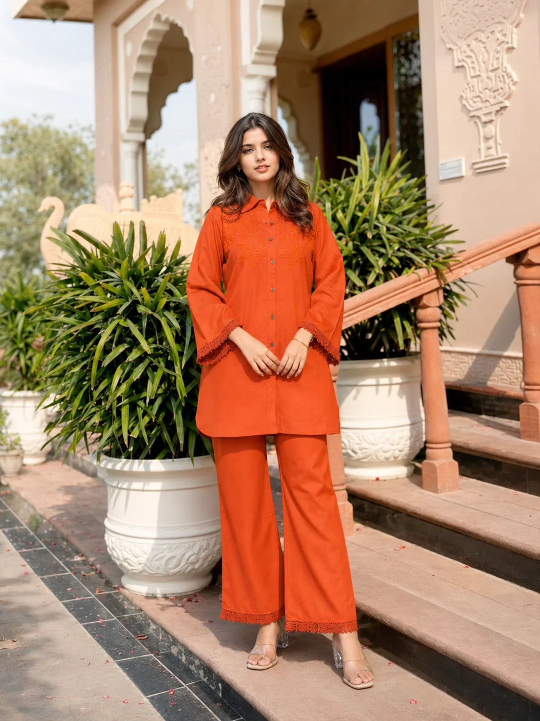 Tangerine Embroidered Viscose Rayon Co-ord Set