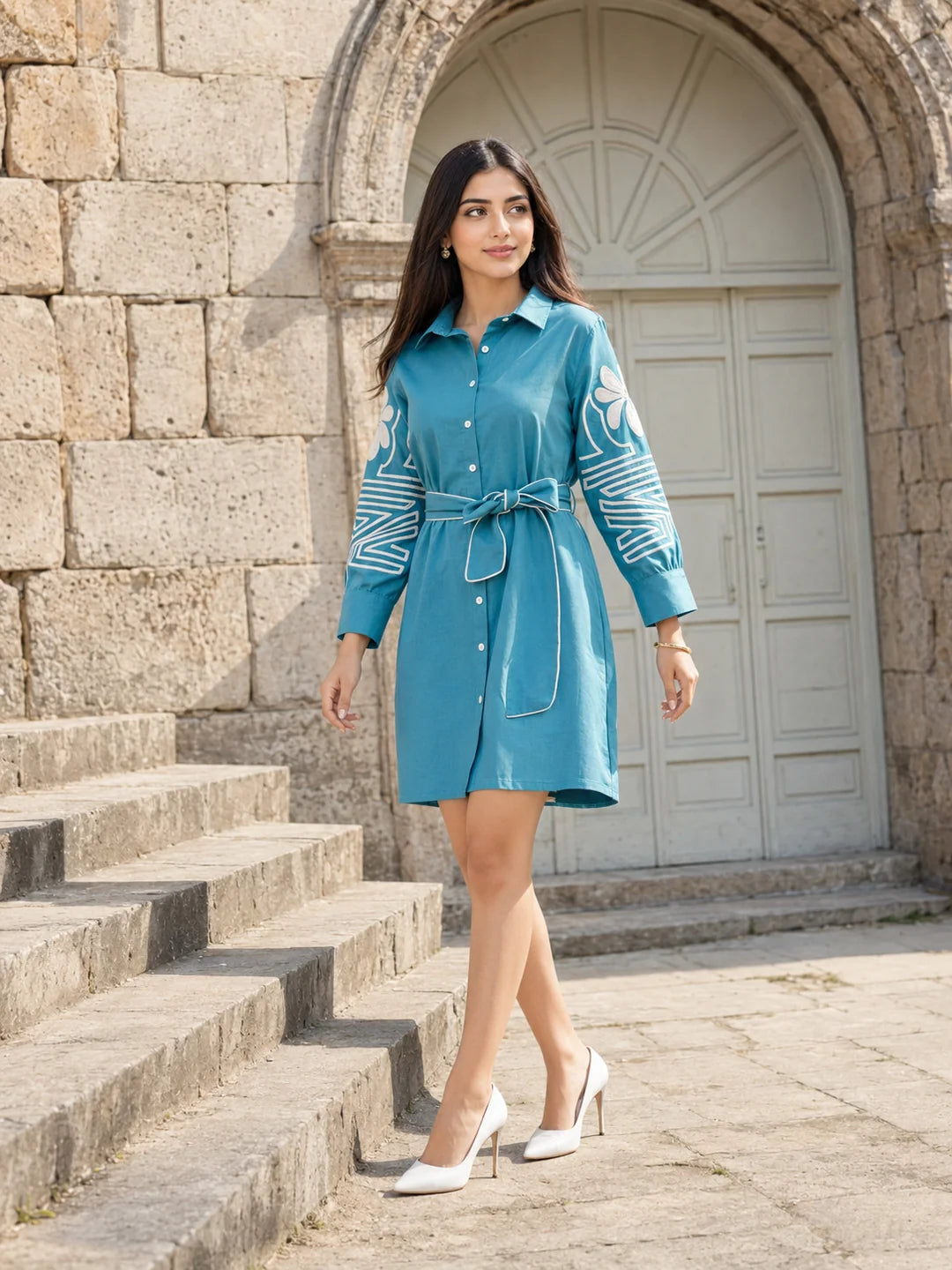 Blue Thread-Embroidered Belted Mini Dress in Cotton Poplin