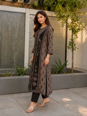Black/Grey Bold Flower Motif With Mirror German Rayon Ethnic Set