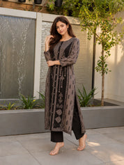 Black/Grey Bold Flower Motif With Mirror German Rayon Ethnic Set