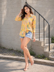 Yellow Multi Leaf Printed Rhinestone Cotton Cambric Shirt