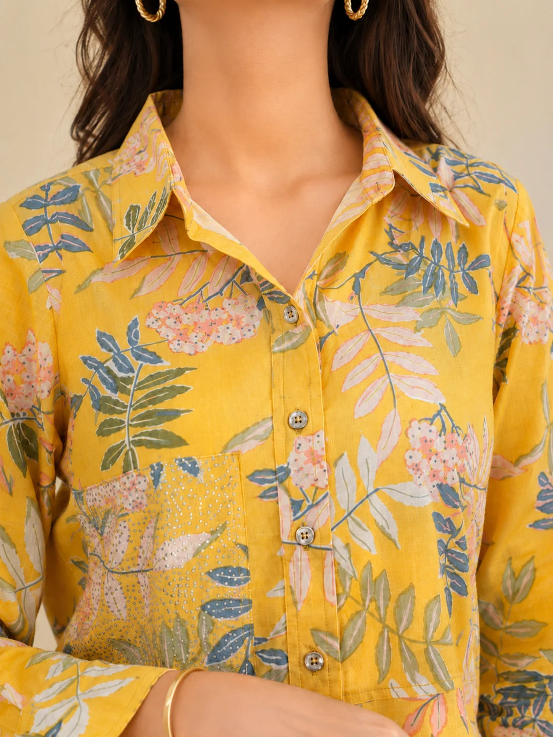 Yellow Multi Leaf Printed Rhinestone Cotton Cambric Shirt