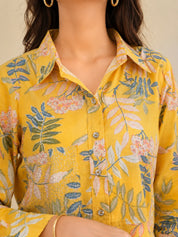 Yellow Multi Leaf Printed Rhinestone Cotton Cambric Shirt