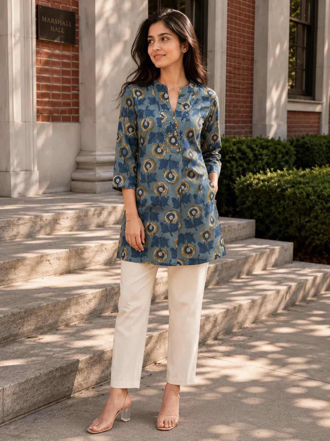 Bluish Grey Floral Buta Printed Cotton Short Kurti