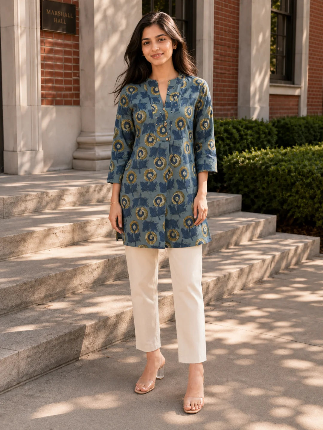 Bluish Grey Floral Buta Printed Cotton Short Kurti