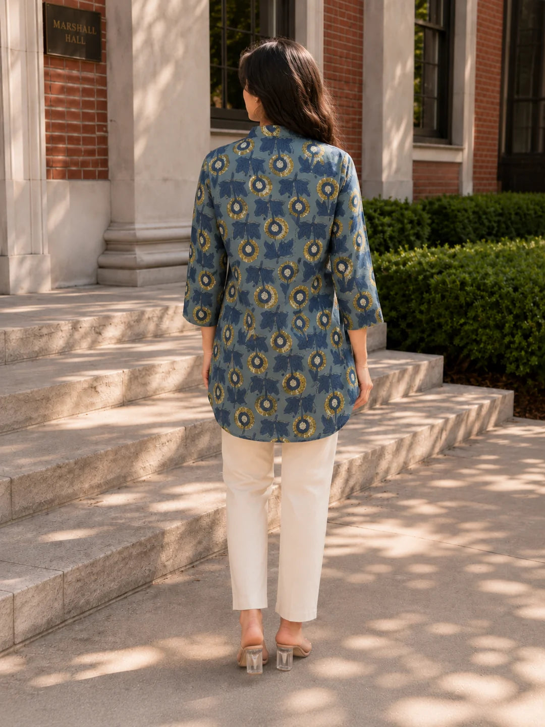 Bluish Grey Floral Buta Printed Cotton Short Kurti