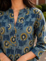 Bluish Grey Floral Buta Printed Cotton Short Kurti