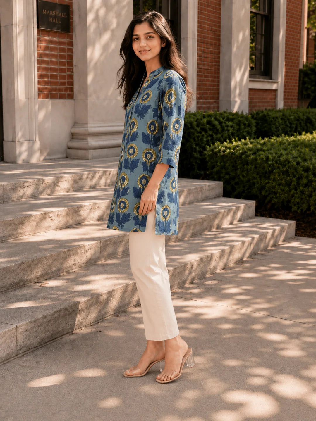 Bluish Grey Floral Buta Printed Cotton Short Kurti