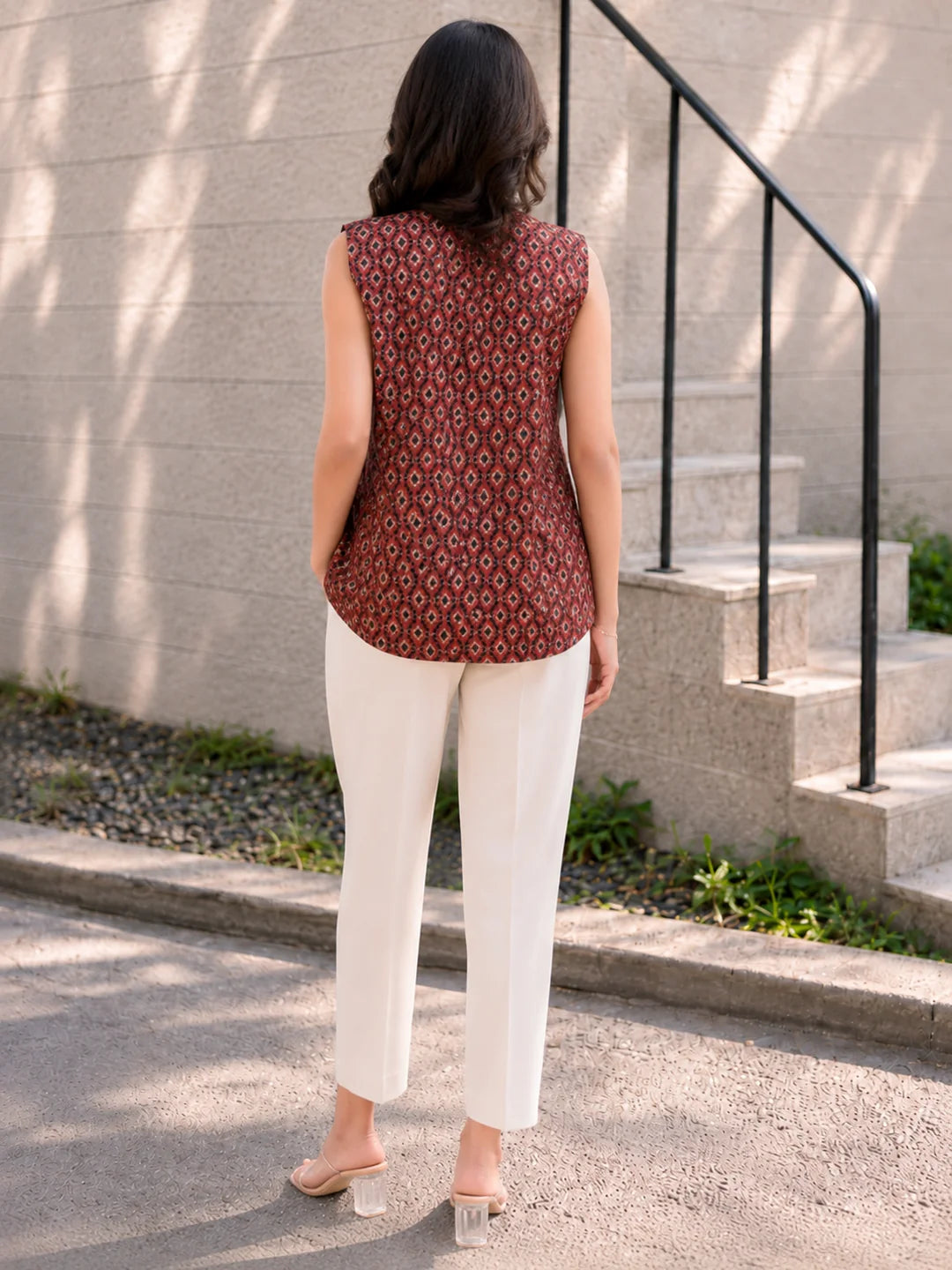 Brick Red Sleeveless Geometric Printed Short Kurti with Wooden Button in Cotton