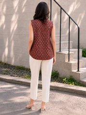 Brick Red Sleeveless Geometric Printed Short Kurti with Wooden Button in Cotton