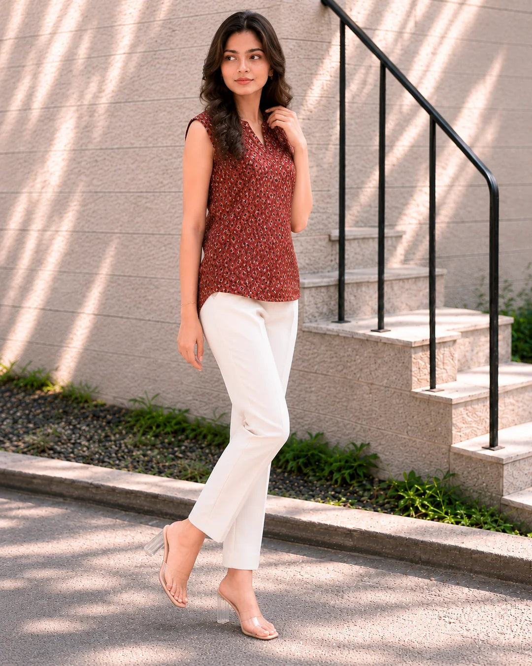 Brick Red Sleeveless Geometric Printed Short Kurti with Wooden Button in Cotton