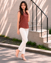 Brick Red Sleeveless Geometric Printed Short Kurti with Wooden Button in Cotton