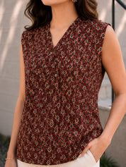 Brick Red Sleeveless Geometric Printed Short Kurti with Wooden Button in Cotton