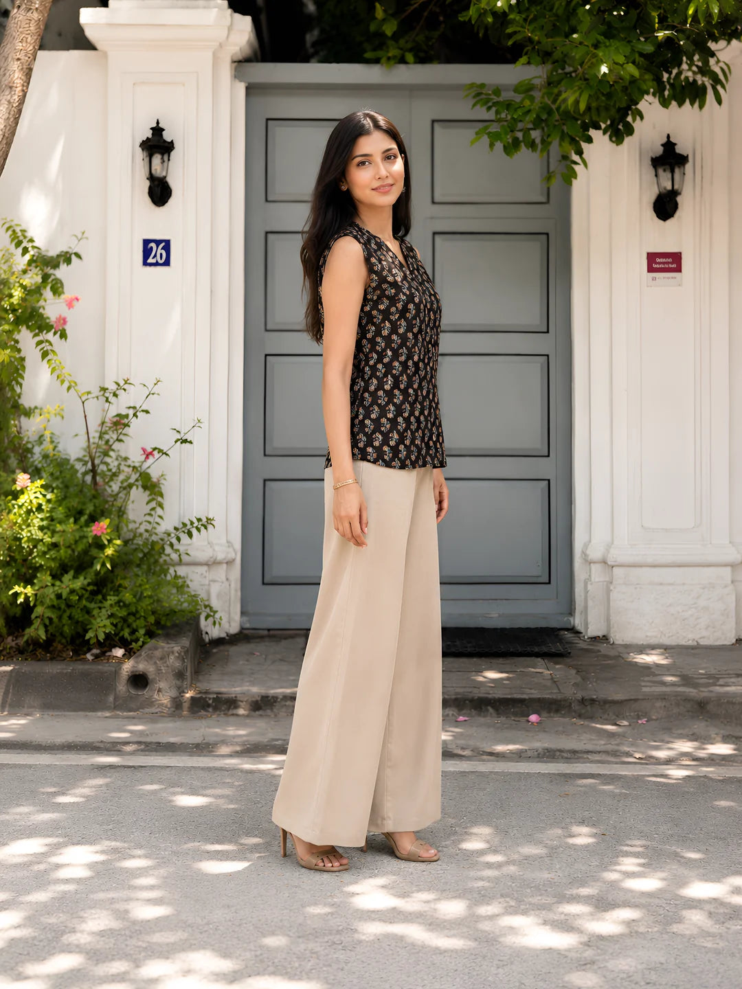 Brown Sleeveless Floral Buti Printed Short Kurti with Wooden Button in Cotton