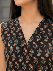 Brown Sleeveless Floral Buti Printed Short Kurti with Wooden Button in Cotton