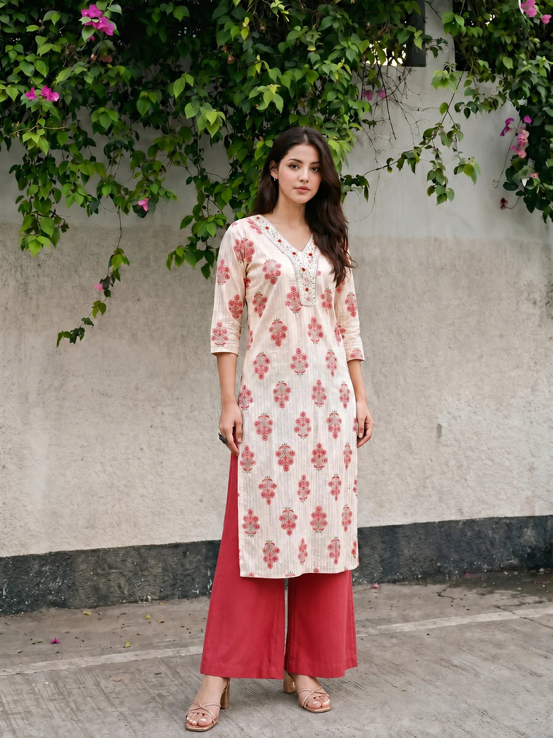 Ivory & Peach-Red Hand Block Printed Kurta in Cotton Cambric
