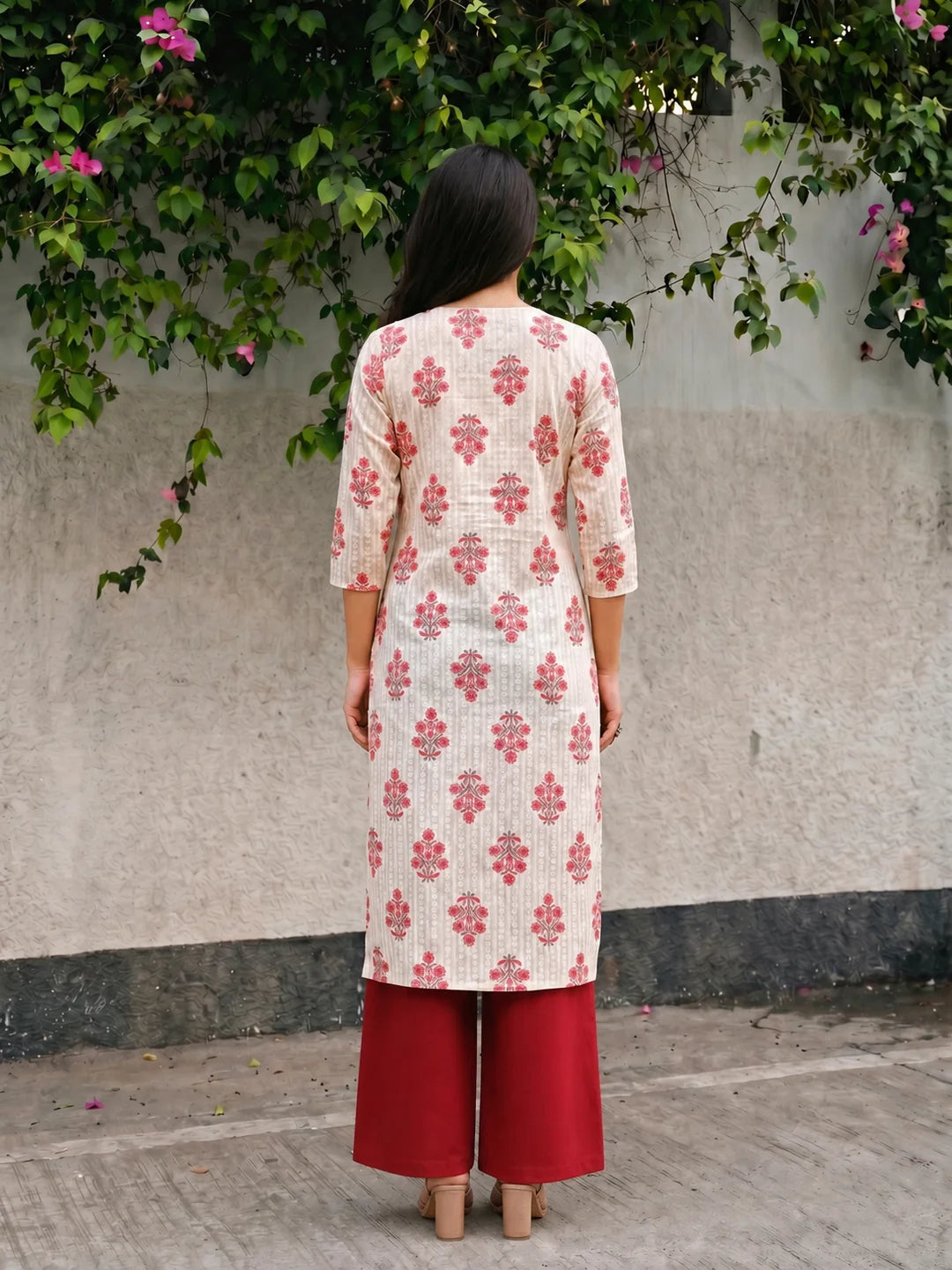 Ivory & Peach-Red Hand Block Printed Kurta in Cotton Cambric