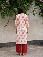 Ivory & Peach-Red Hand Block Printed Kurta in Cotton Cambric