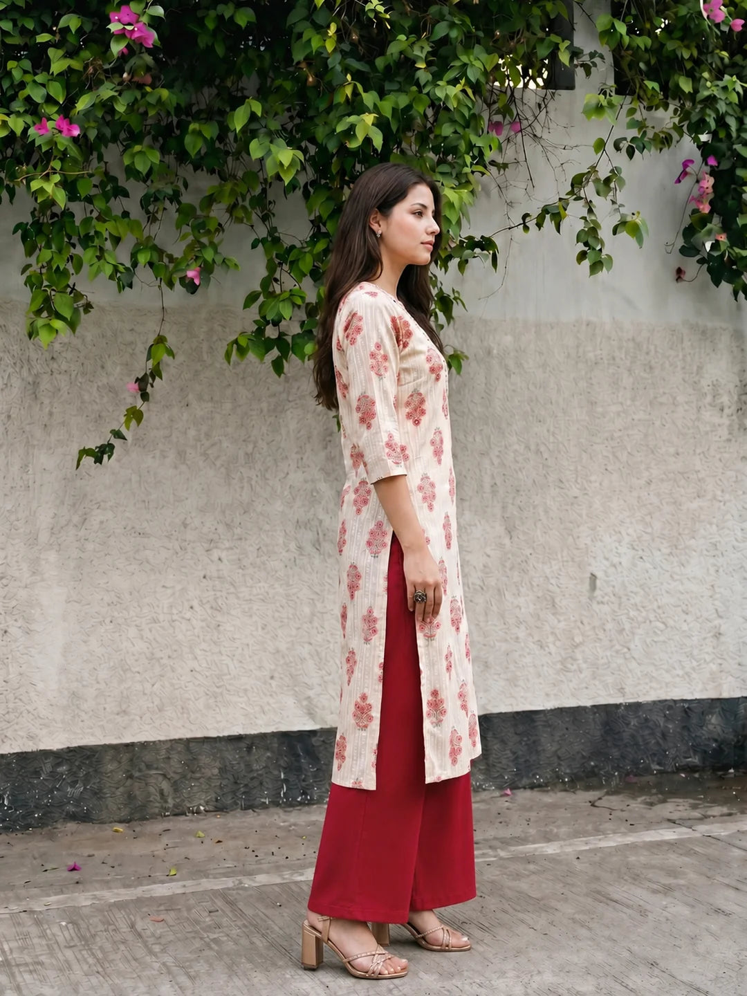 Ivory & Peach-Red Hand Block Printed Kurta in Cotton Cambric