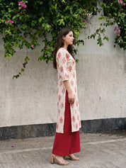 Ivory & Peach-Red Hand Block Printed Kurta in Cotton Cambric