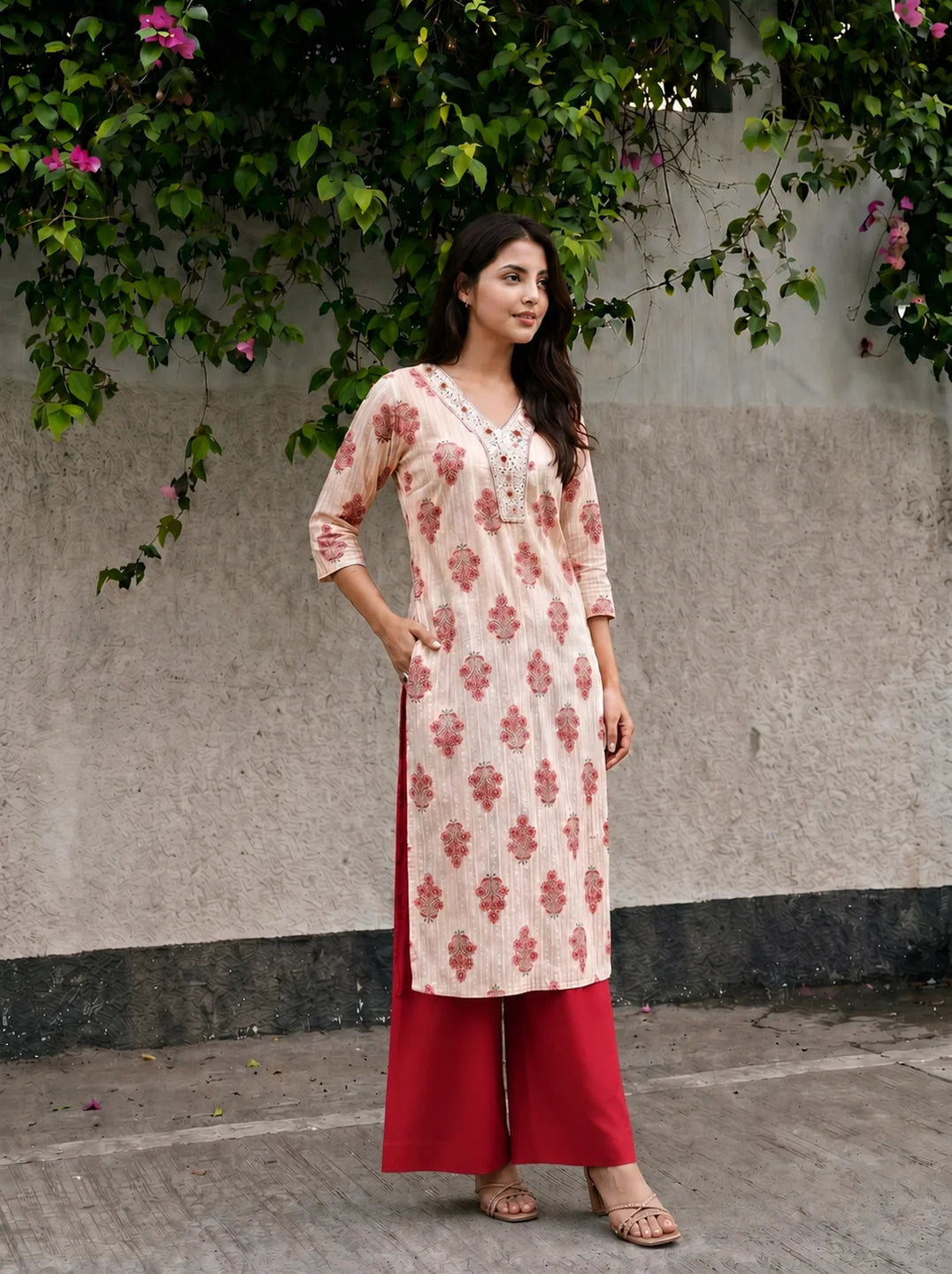 Ivory & Peach-Red Hand Block Printed Kurta in Cotton Cambric
