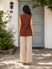 Brick Red Sleeveless Geometric Printed Short Kurti with Wooden Button in Cotton