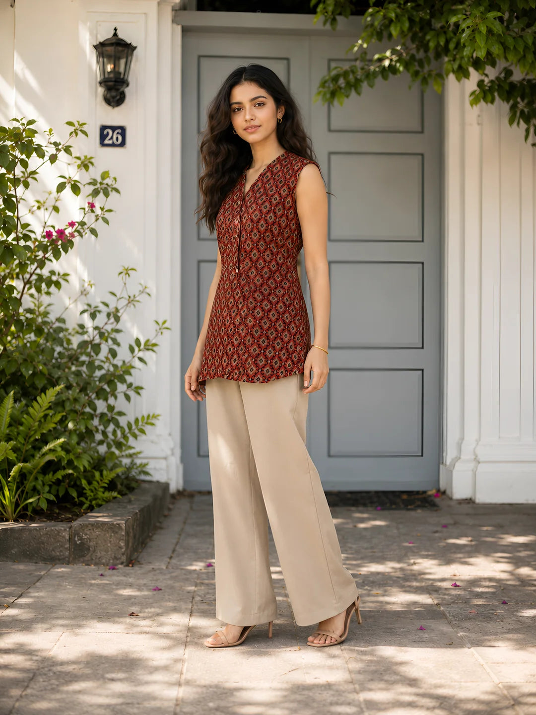 Brick Red Sleeveless Geometric Printed Short Kurti with Wooden Button in Cotton