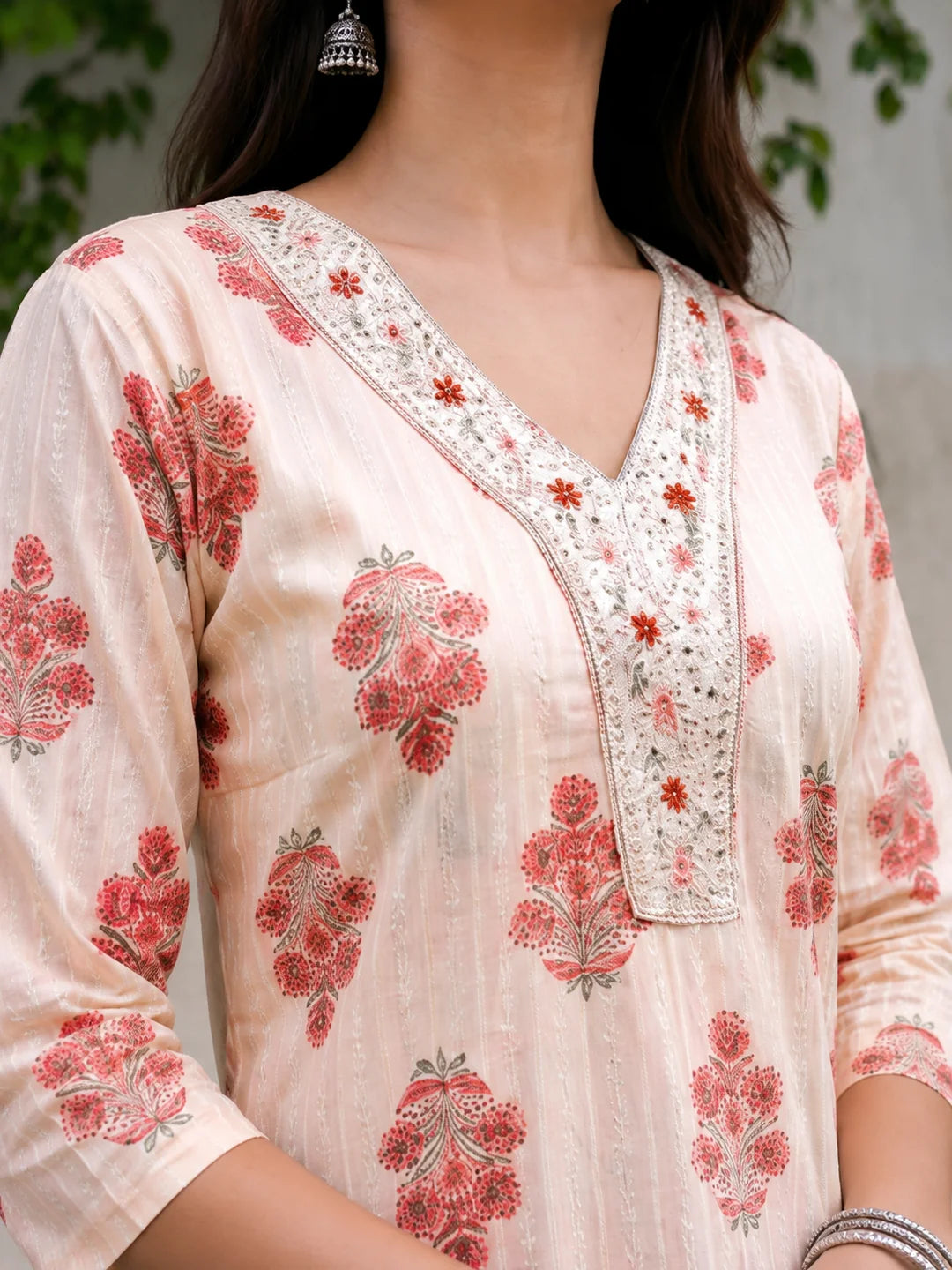 Ivory & Peach-Red Hand Block Printed Kurta in Cotton Cambric