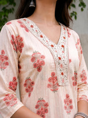 Ivory & Peach-Red Hand Block Printed Kurta in Cotton Cambric