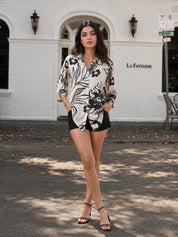 Off-White & Black Floral Printed Top in Russian Silk