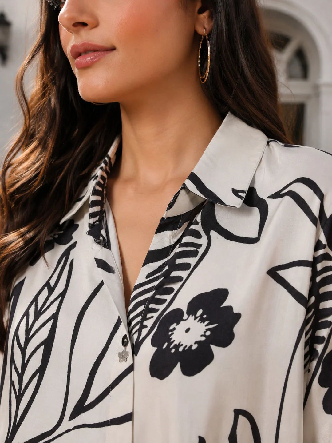 Off-White & Black Floral Printed Top in Russian Silk