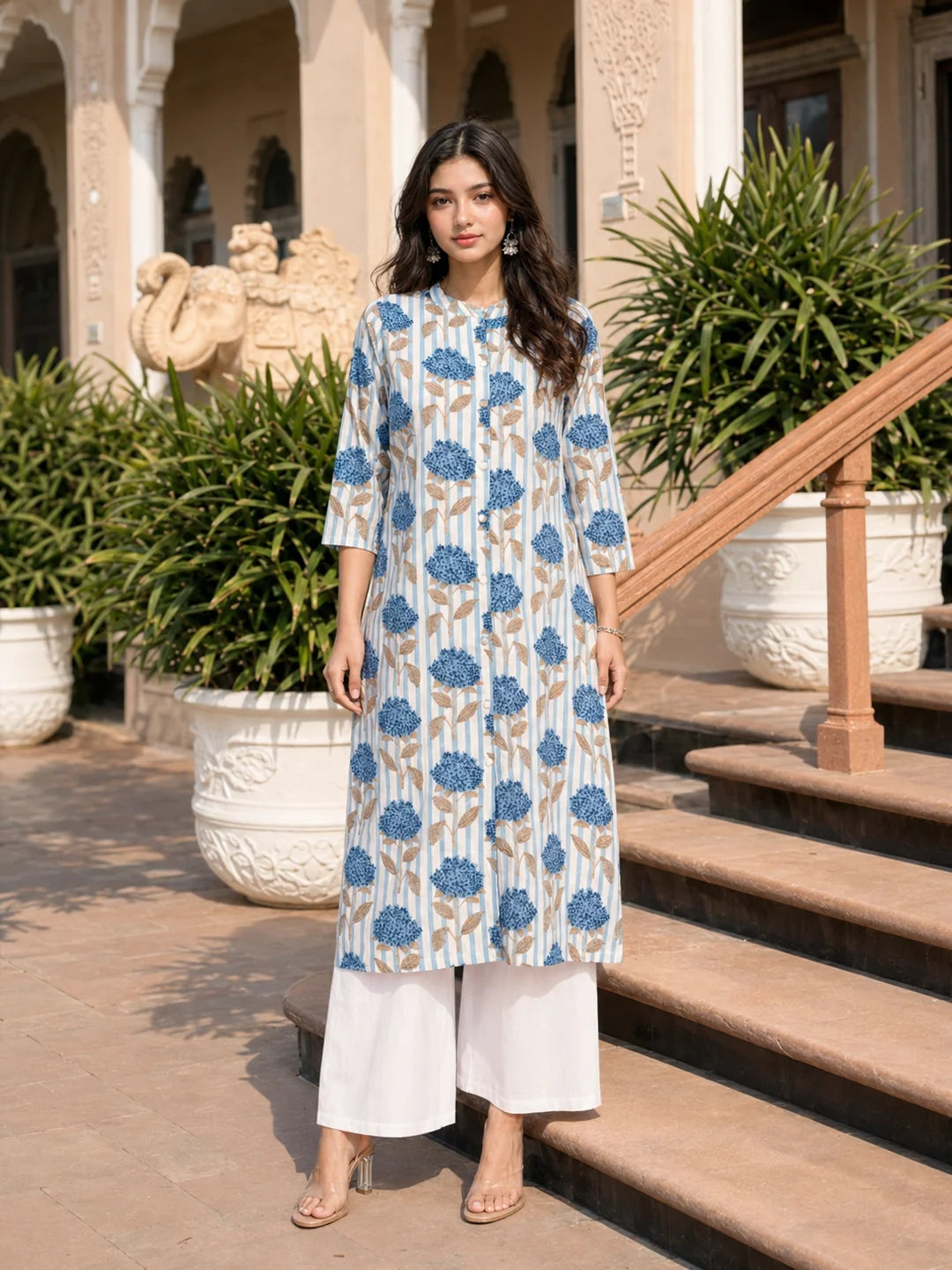 Blue Bold Floral & Stripe Printed Long Kurti in Cotton Flex