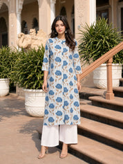 Blue Bold Floral & Stripe Printed Long Kurti in Cotton Flex