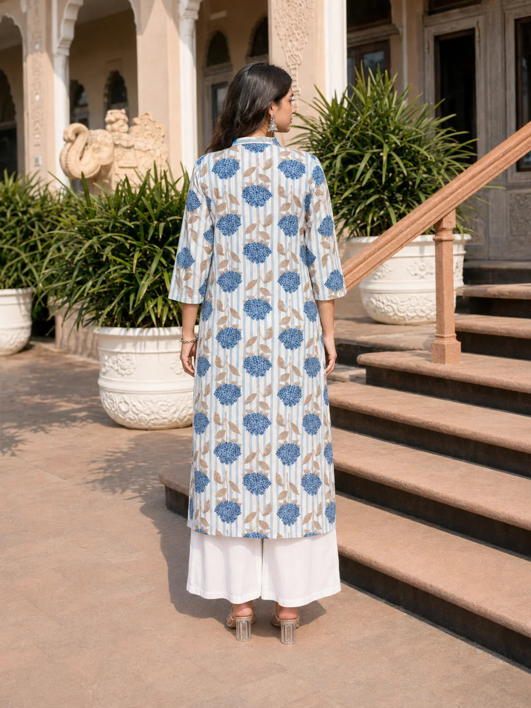 Blue Bold Floral & Stripe Printed Long Kurti in Cotton Flex