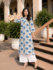 Blue Bold Floral & Stripe Printed Long Kurti in Cotton Flex