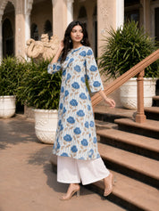 Blue Bold Floral & Stripe Printed Long Kurti in Cotton Flex
