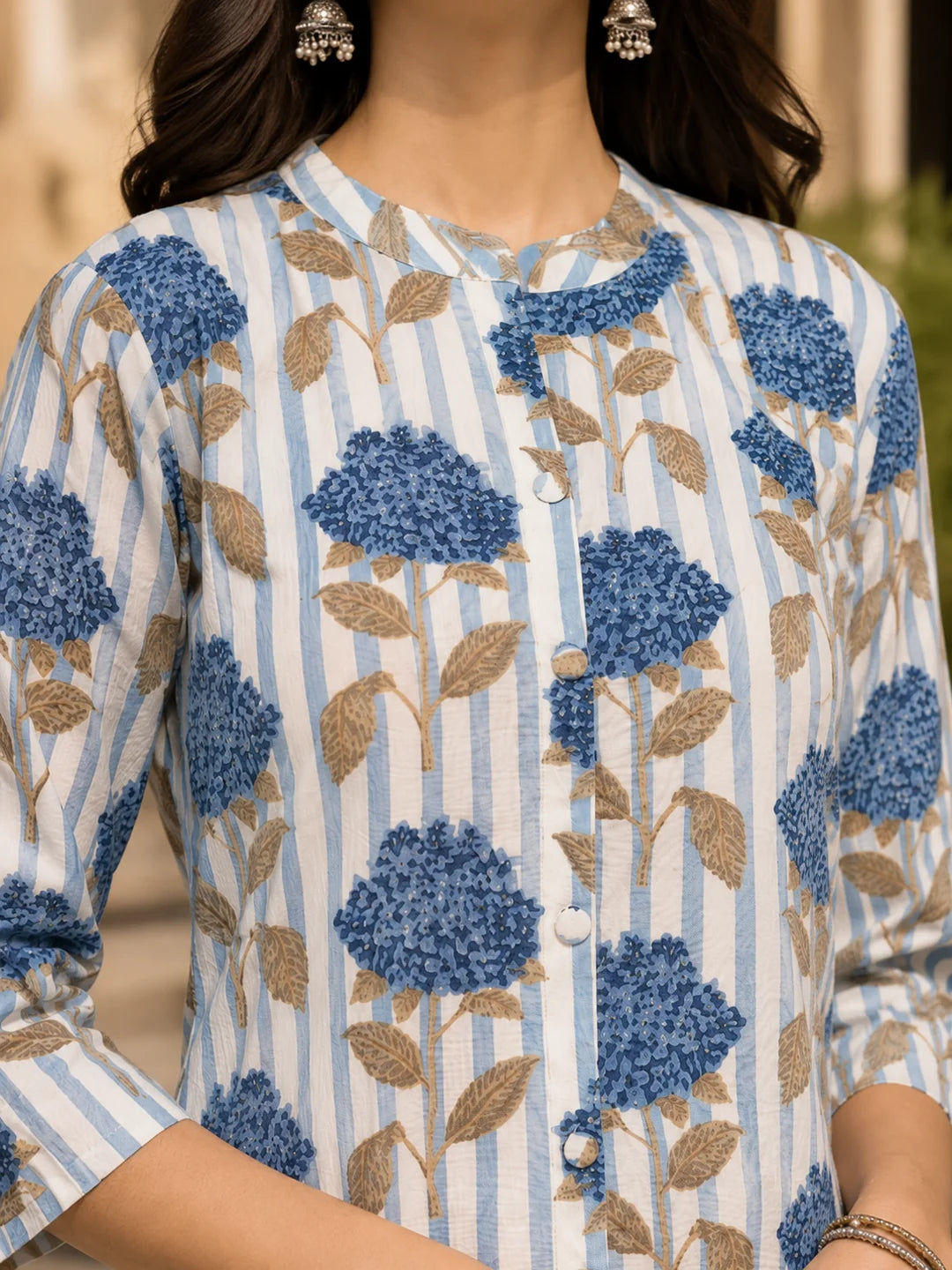 Blue Bold Floral & Stripe Printed Long Kurti in Cotton Flex