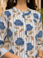Blue Bold Floral & Stripe Printed Long Kurti in Cotton Flex