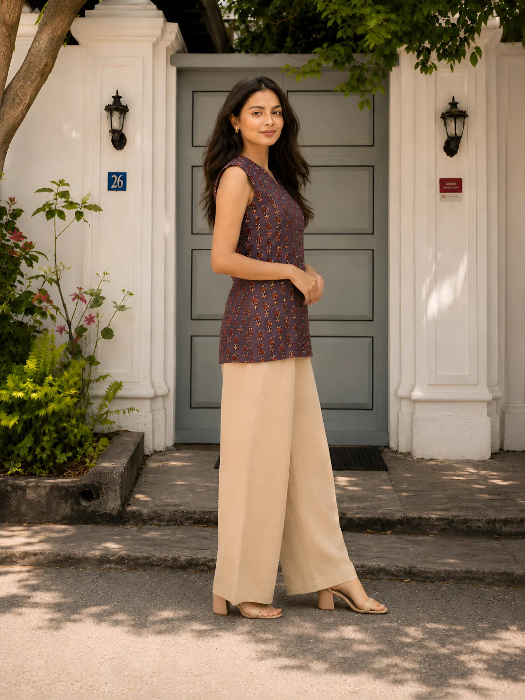 Purple Sleeveless Paisley Floral Buti Printed Short Kurti with Wooden Button in Cotton