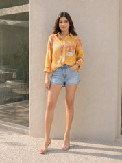 Mustard Color Floral Printed Rhinestone Cotton Cambric Shirt