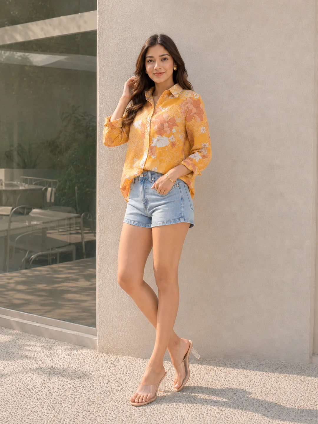 Mustard Color Floral Printed Rhinestone Cotton Cambric Shirt