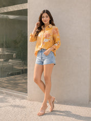 Mustard Color Floral Printed Rhinestone Cotton Cambric Shirt