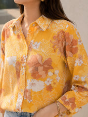 Mustard Color Floral Printed Rhinestone Cotton Cambric Shirt