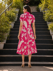 Rani Pink Multi Leaf Floral Printed Tie-Front Midi Dress in Russian Silk