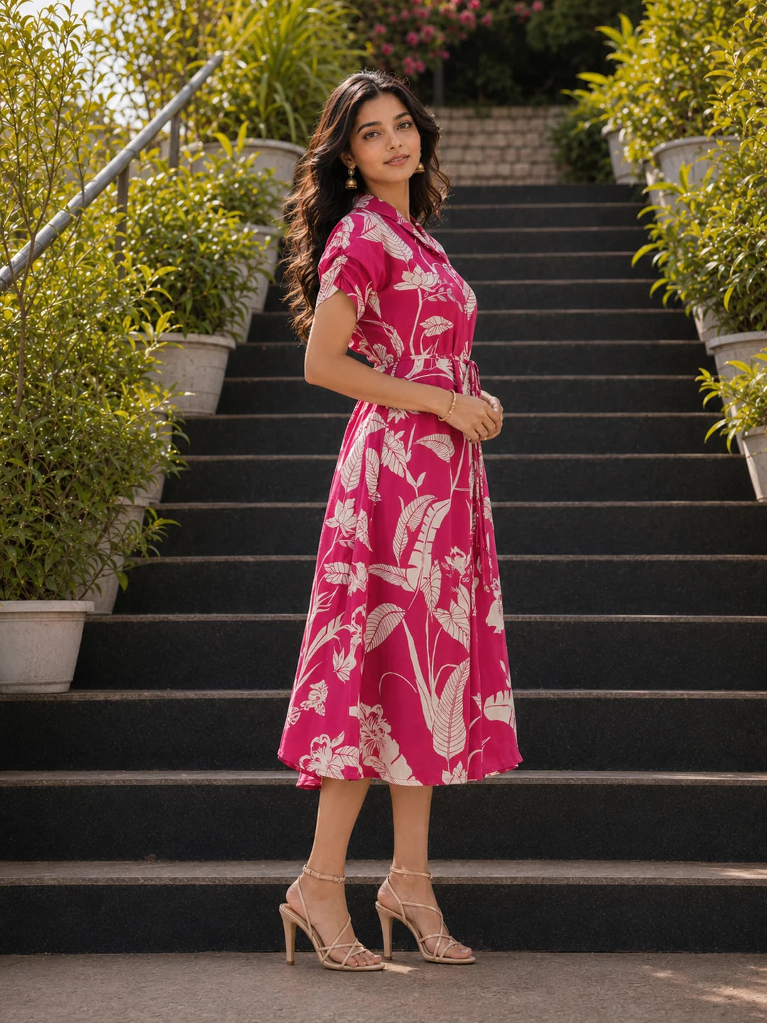 Rani Pink Multi Leaf Floral Printed Tie-Front Midi Dress in Russian Silk