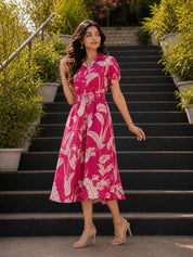 Rani Pink Multi Leaf Floral Printed Tie-Front Midi Dress in Russian Silk