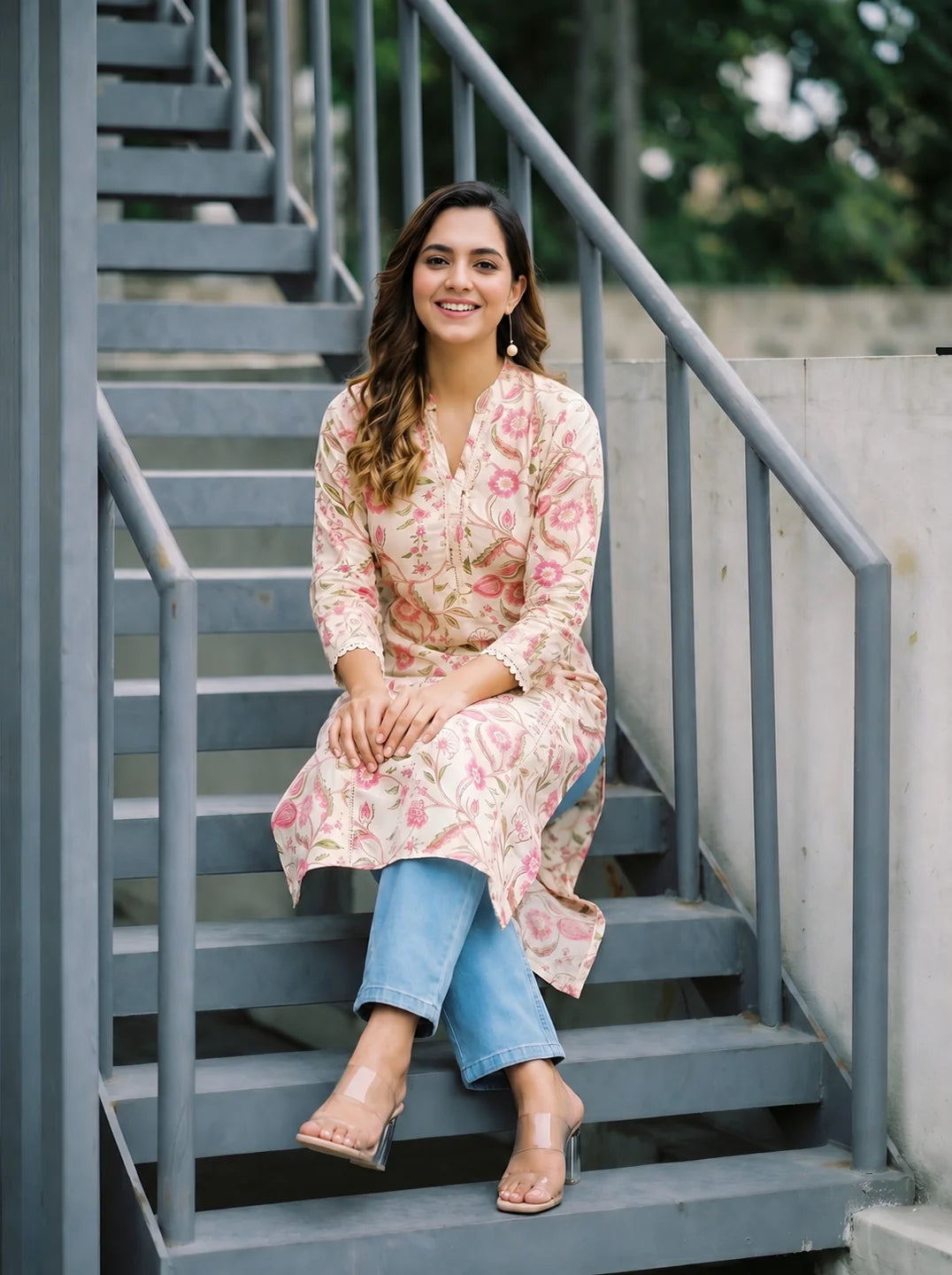 Pink Lace Trimmed Floral Printed Pleated Kurti in Cotton Cambric